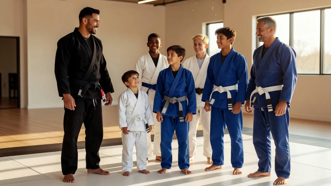 Campaign concept showing a Brazilian Jiu-Jitsu coach welcoming students from childhood through adulthood